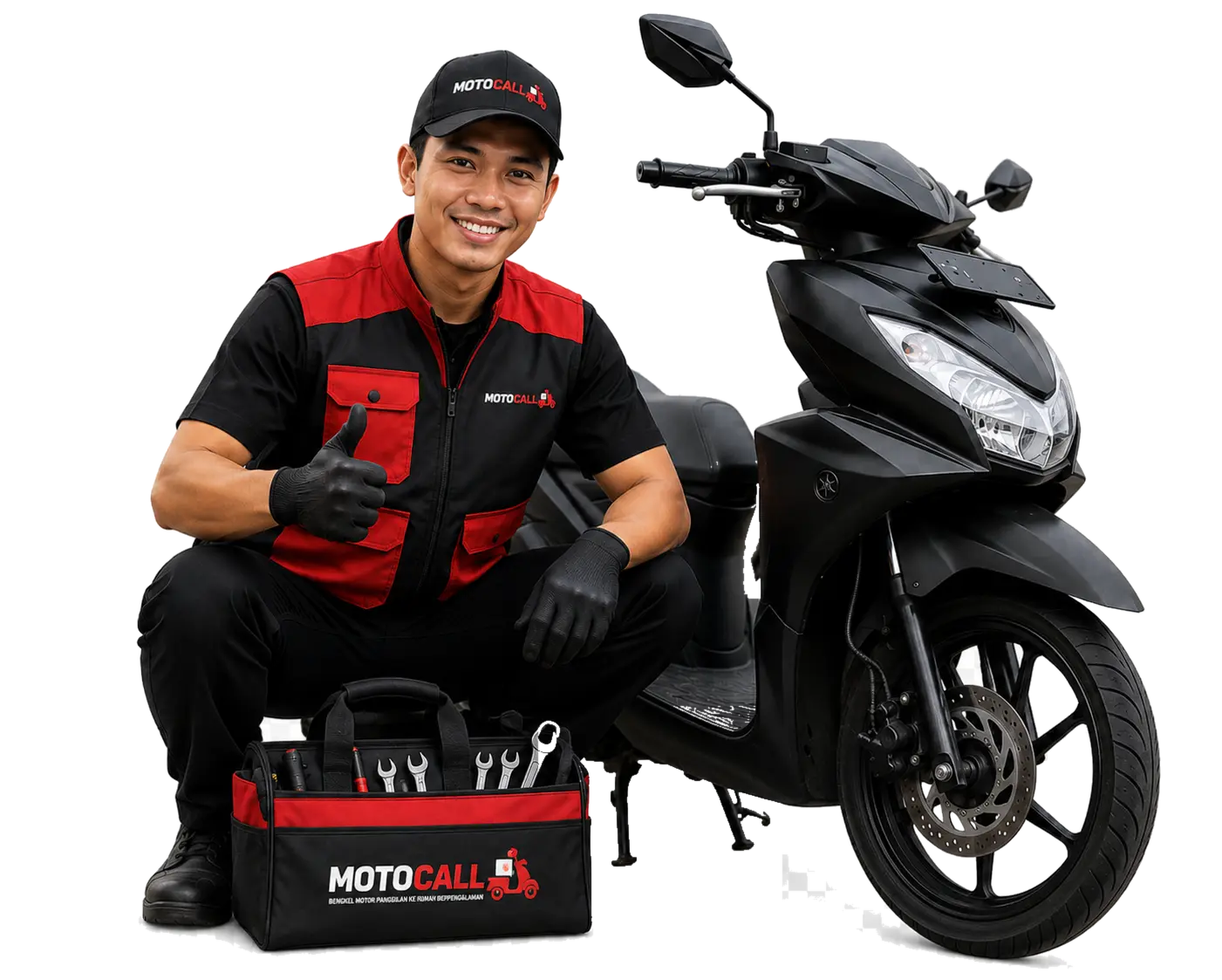 Mekanik MotoCall berseragam siap datang ke lokasi untuk servis motor panggilan