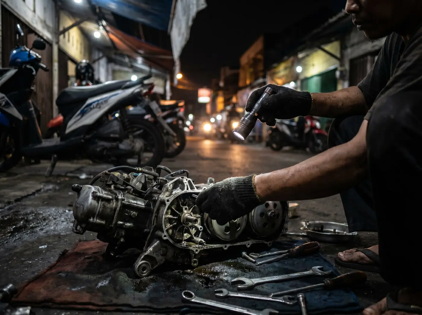 Mekanik MotoCall mengecek kondisi mesin motor saat ganti oli di lokasi pelanggan