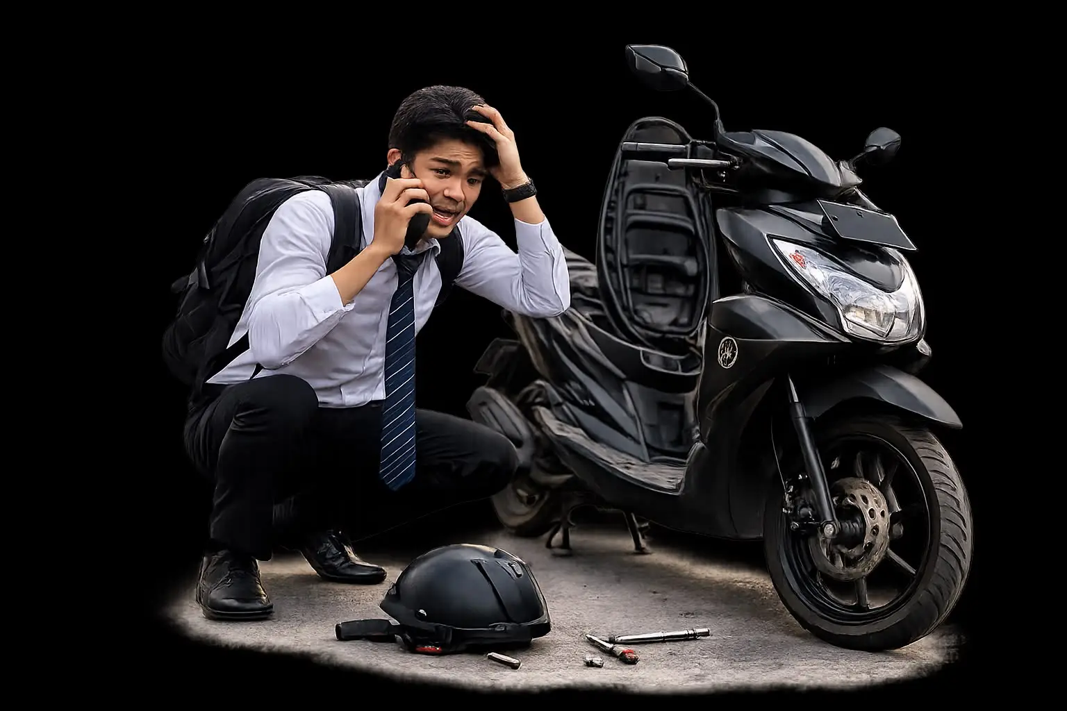 Pekerja kantoran panik menelepon di samping motor matic yang mogok di jalan