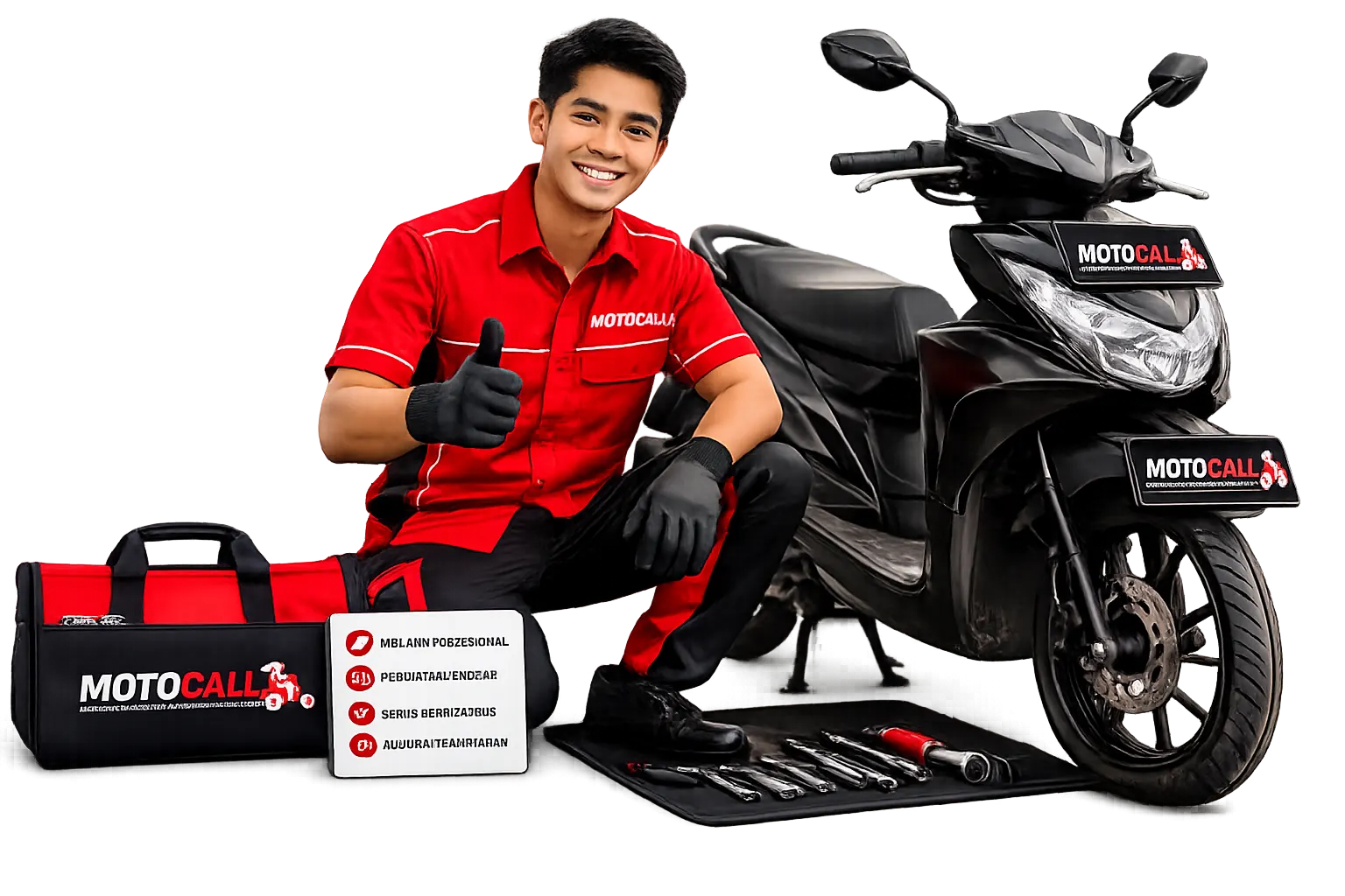 Mekanik MotoCall berseragam merah siap melayani servis motor di lokasi