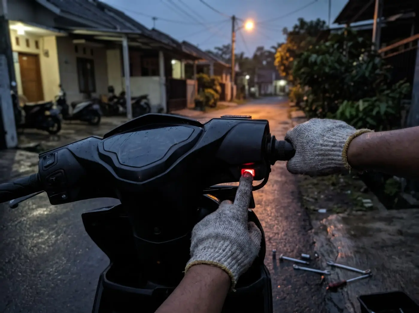 Pengendara menekan tombol starter motor matic yang gagal menyala di jalan