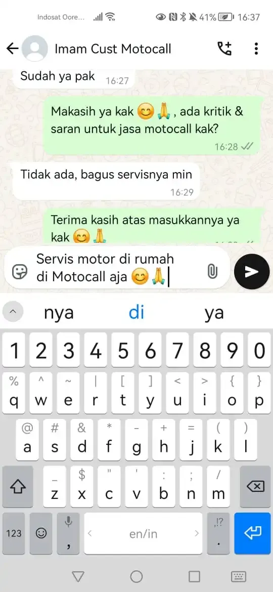 Chat WhatsApp pelanggan MotoCall — servisnya bagus, rekomendasi servis motor di rumah