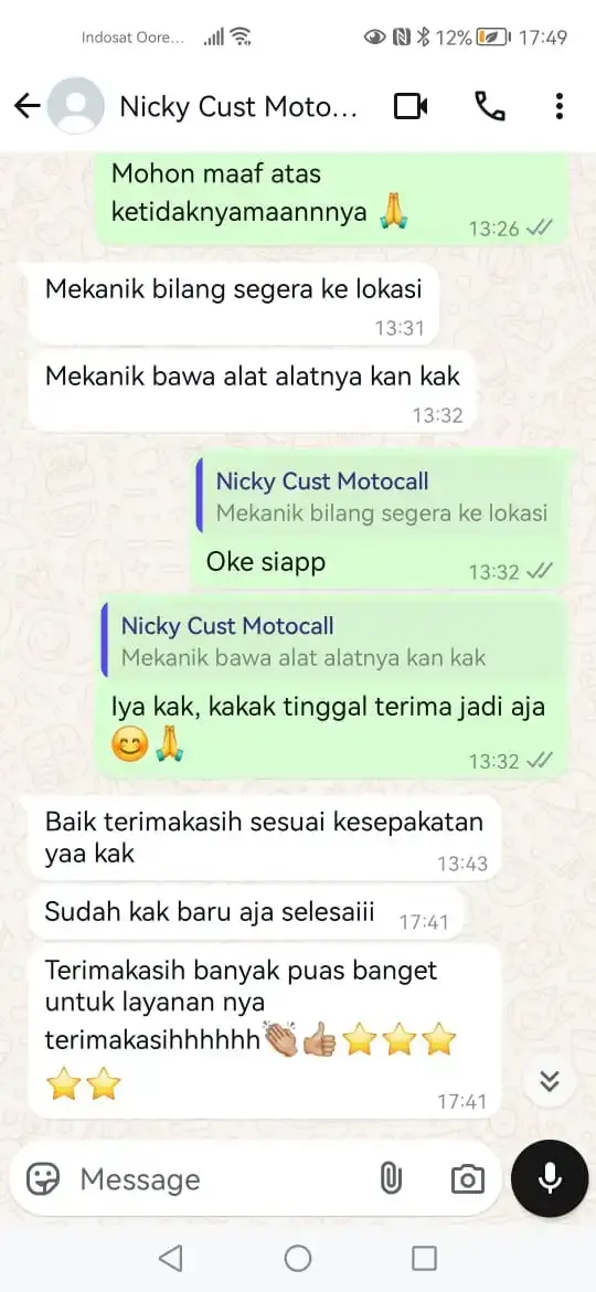Chat WhatsApp pelanggan MotoCall — puas banget dengan layanan (5 bintang)