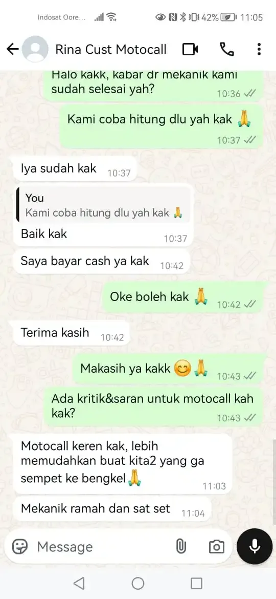 Chat WhatsApp pelanggan MotoCall — MotoCall memudahkan, mekanik ramah dan sat set